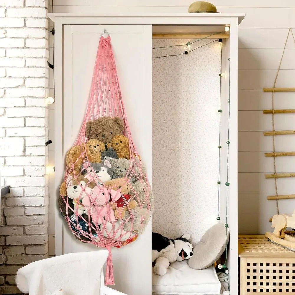 Stuffed Animal Hammock Corner Net Pink XXL Macrame Plush Toy Storage Wall Holder